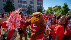 Rocky the Red Hawk dancing with app