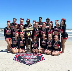 app State University Cheer Team members celebrate in Daytona Beach, Florida.